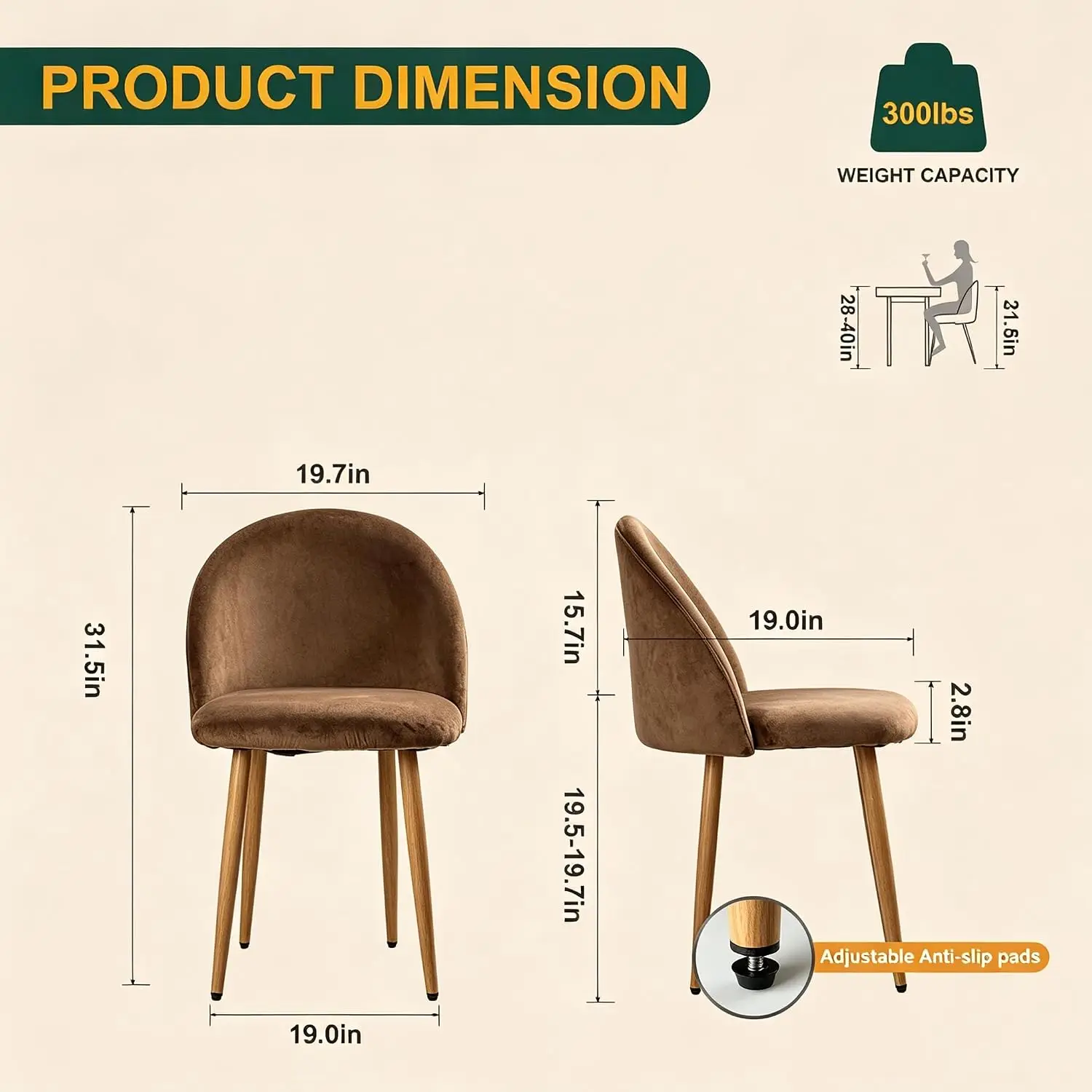 Big Dining Chairs Set of 2, Modern Velvet Kitchen Chairs Side Chairs with Wood-Grain Metal Legs, Stylish Curved Backrest Living Room Chairs for Apartment, Bedroom,Home Bar,Living Space, Brown