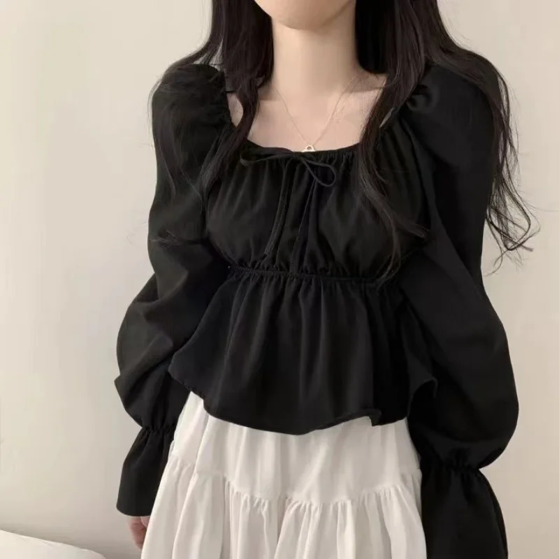 2024 Fashion New Ruffle White Long sleeved Women\'s Blouses Square Neck Sexy Short Shirt Korean Style Flare Sleeve Sweet Tops