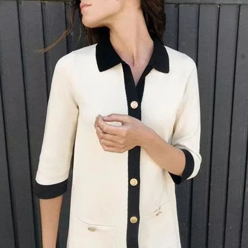 Golden Button Knitted Dr Collared Spring Women's Sle 8220 Z Premium Polyester Fiber Ele Faionable Dr