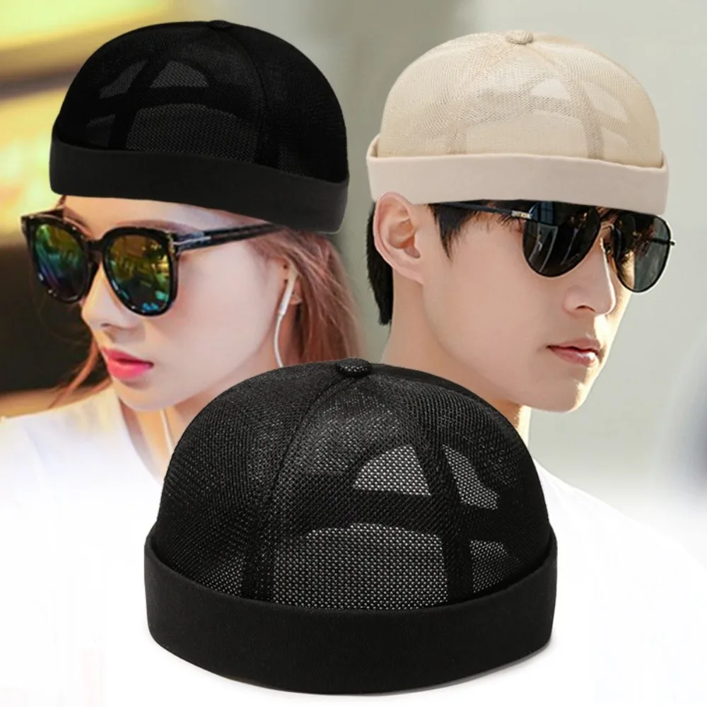 Casual Retro Brimless Docker Hat Breathable Adjustable Landlord Hat Solid Color Mesh Net Beanie Cap Unisex