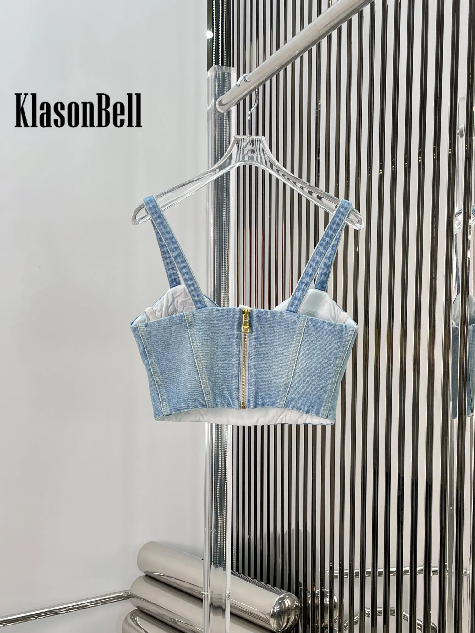 8.29 KlasonBell Women Fashion Sexy Strapless Lion Gold Button Sleeveless Tank Top Washed Denim Short Spaghetti Strap Camis y2k