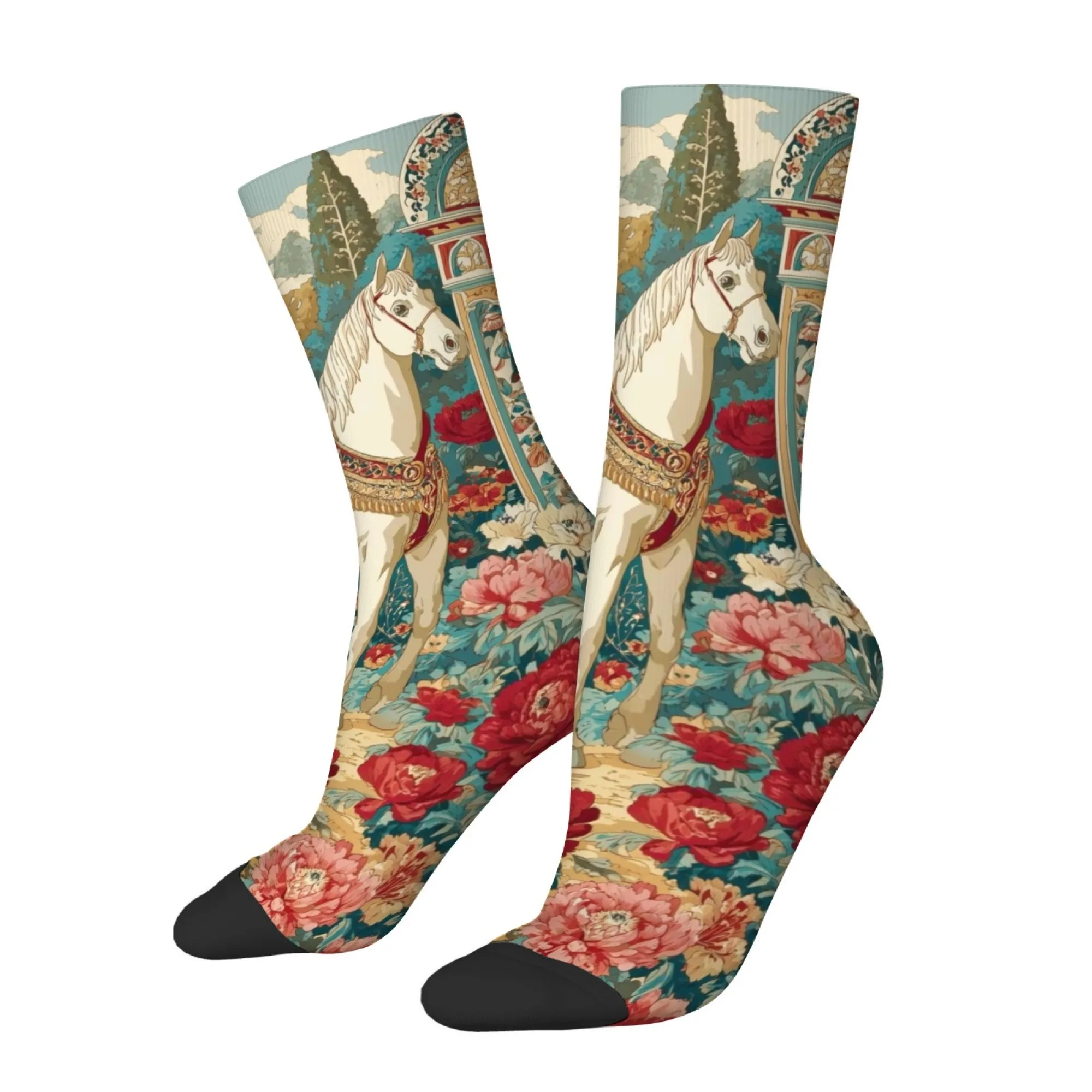 Oil Painting Garden Horse Men's Socks Retro Style Comfortable Non-Slip Casual Fashion Socks Novelty Funny Happy Crew Socks Gift