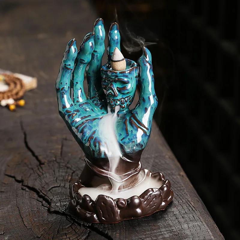 

Ceramic Buddha Hand Skeleton Backflow Incense Burner, Creative Home Interior Magic Hand Crafts Odor Removal Incense Burner