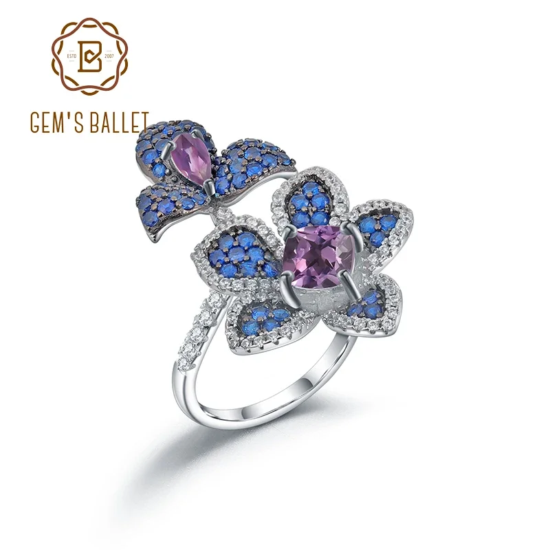 GEM'S BALLET 925 Sterling Silver Adjustable Open Ring For Women Natural Amethyst Gemstones Flower Handmade Statement Rings