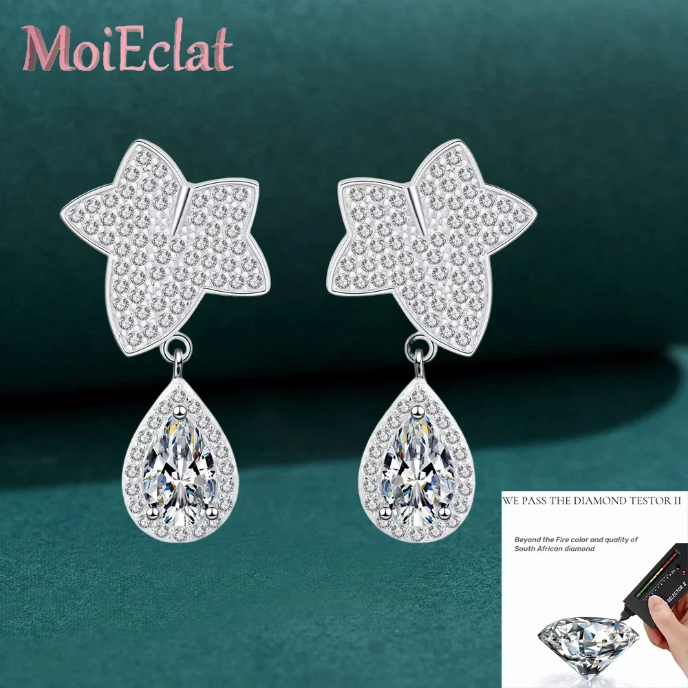 MoiEclat Store Platinum PT950 Maple Leaf Drop Earrings Radiant, 2ct Drop-shaped Moissanite Earrings Wedding Fine Jewelry Gift