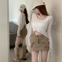 Autumn Women Sexy Hollow Round Neck Long Sleeve Irregular Knitted Sweater