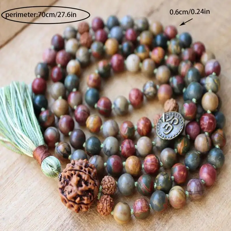 Natural Picasso Jasper 108 Beads Mala Necklace with Rudraksha Pendant & Green Tassel Spiritual Jewelry view 6