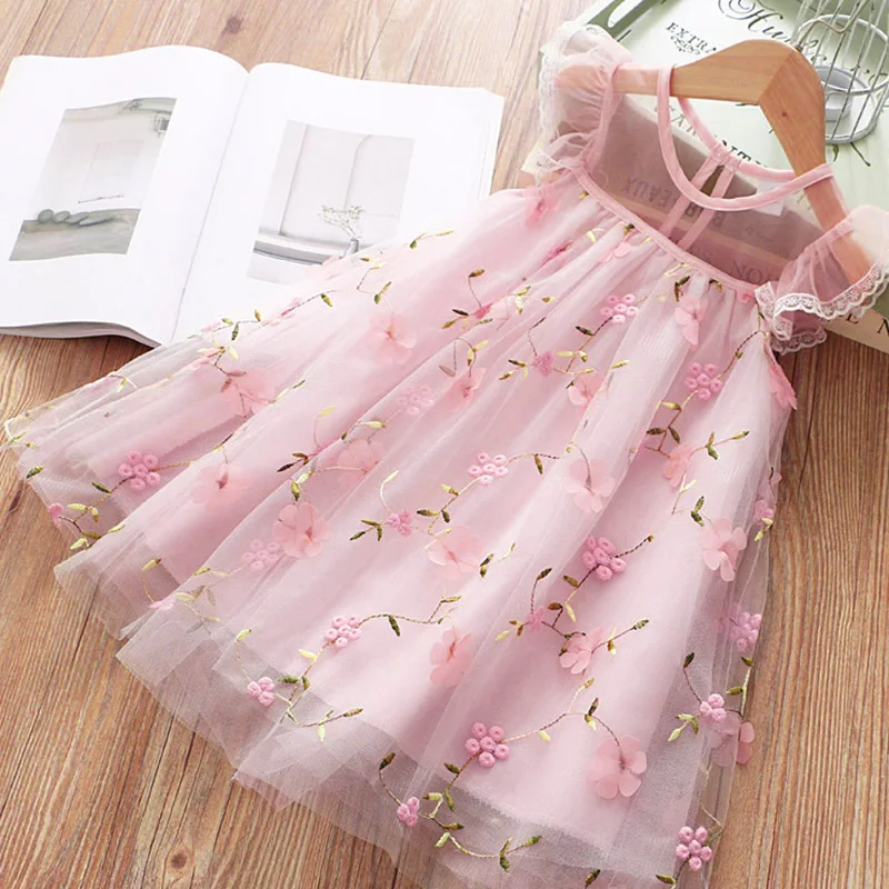 

Summer Baby Girl Princess Dress Pink Flower Embroidery Lace Sleevless Gauze Dress Girls Wedding Party Costume
