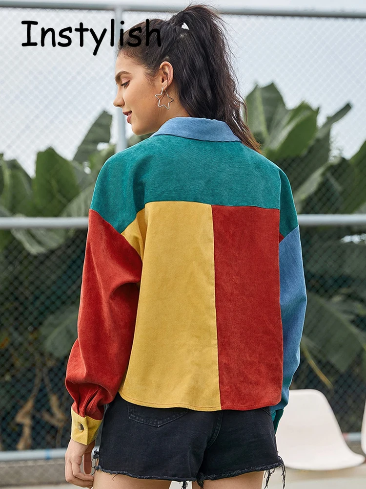 Autumn Long Sleeve Color Block Women Jackets Vintage Harajuku Hit Color Corduroy Baseball Bomber Jackets Streetwear Coat