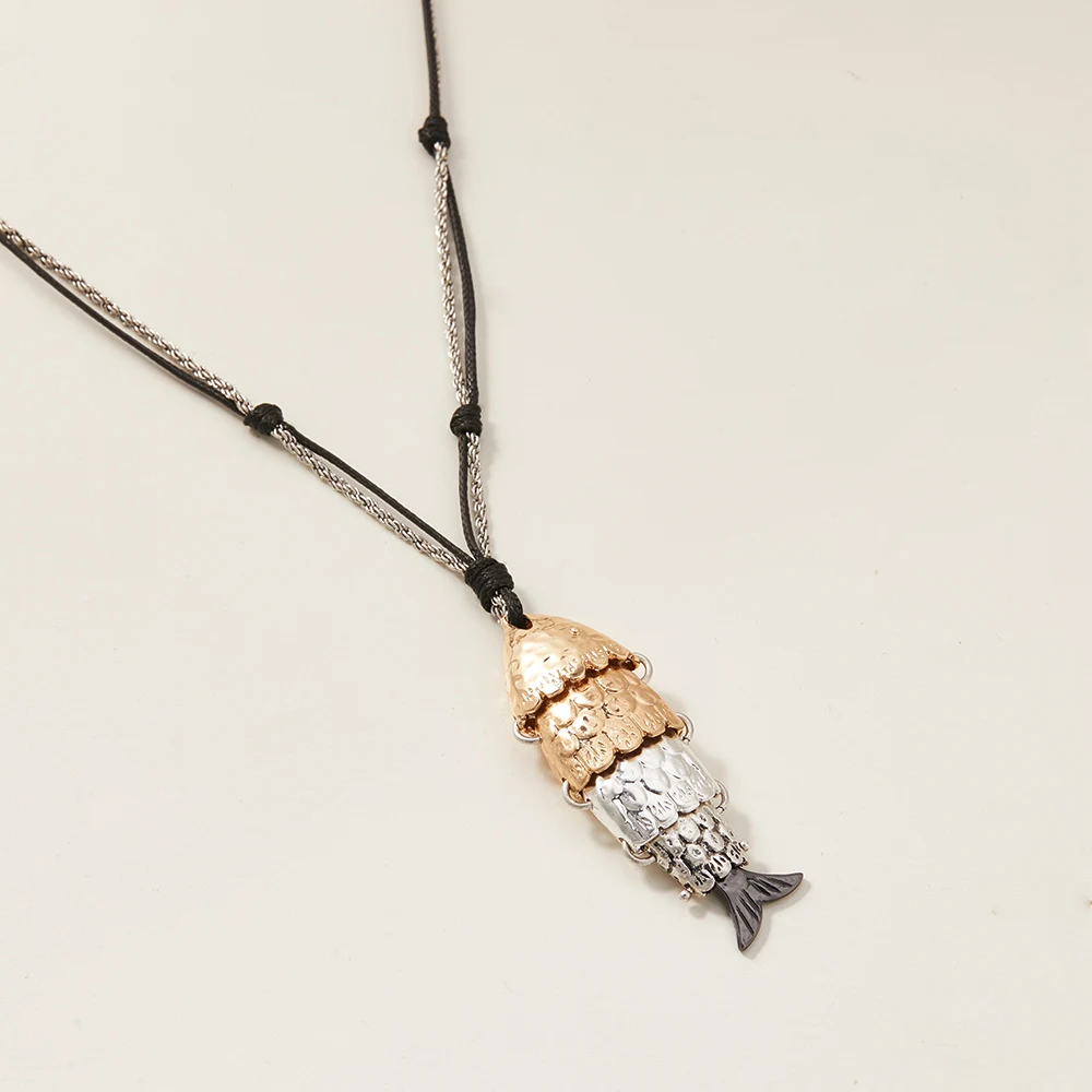 Bohemian-Style Double-Color Fish-Shaped Pendant Gold Plated Long Length Plant Pattern for Party Outfits Free Shipping