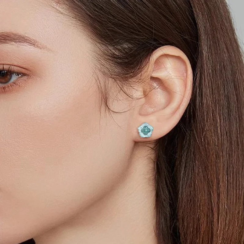 Original Natural A-grade Jade Blue Water Peach Blossom Earrings Ice Jade Petals S925 Silver Inlaid Antique Style Women\'s Jewelry