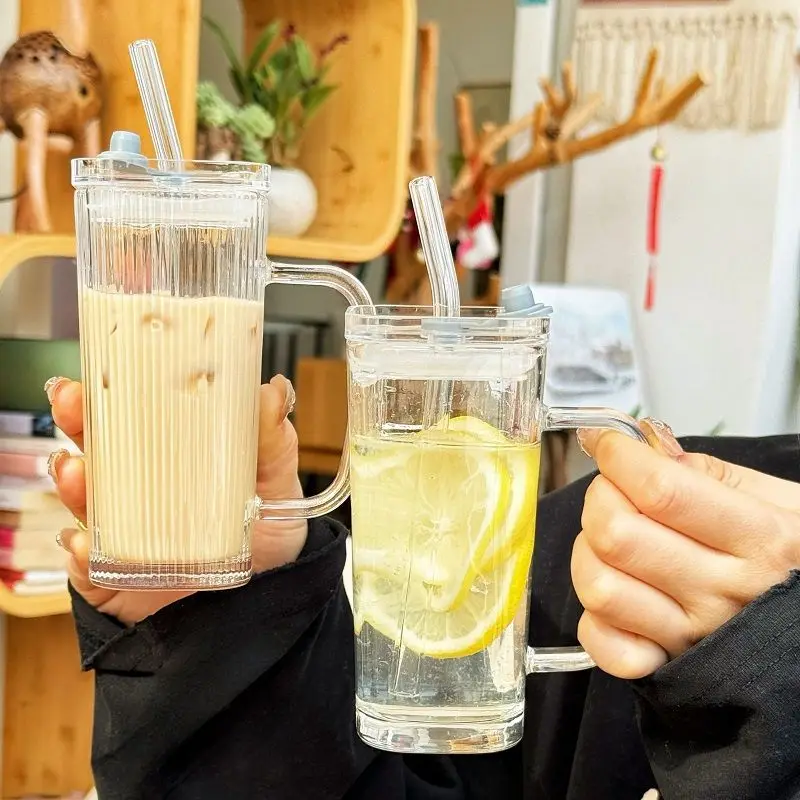 Tazza quadrata in vetro trasparente da 250ML con coperchio e cannuccia tazza da caffè con ghiaccio freddo succo tazze da tè al latte per bicchieri