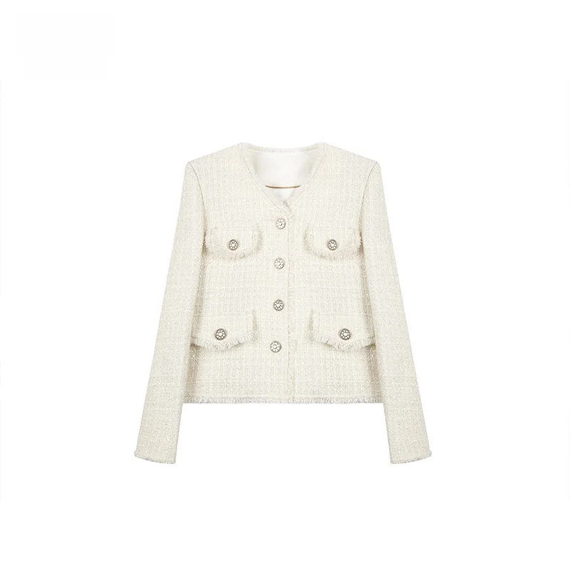 

Chic Khaki ort Casual Women's Jaet Autumn Winter New Sle Commute Sle Button Design Thi Tweed Material round Ne Lo...