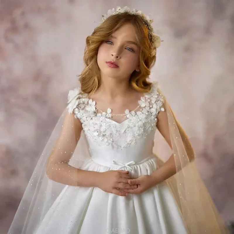 

2025 белое свадебное платье с цветочным узором для девочек, детское бальное платье без рукавов для выступлений на день рождения, с длинным шлейфом, праздничное нарядное платье для фортепиано