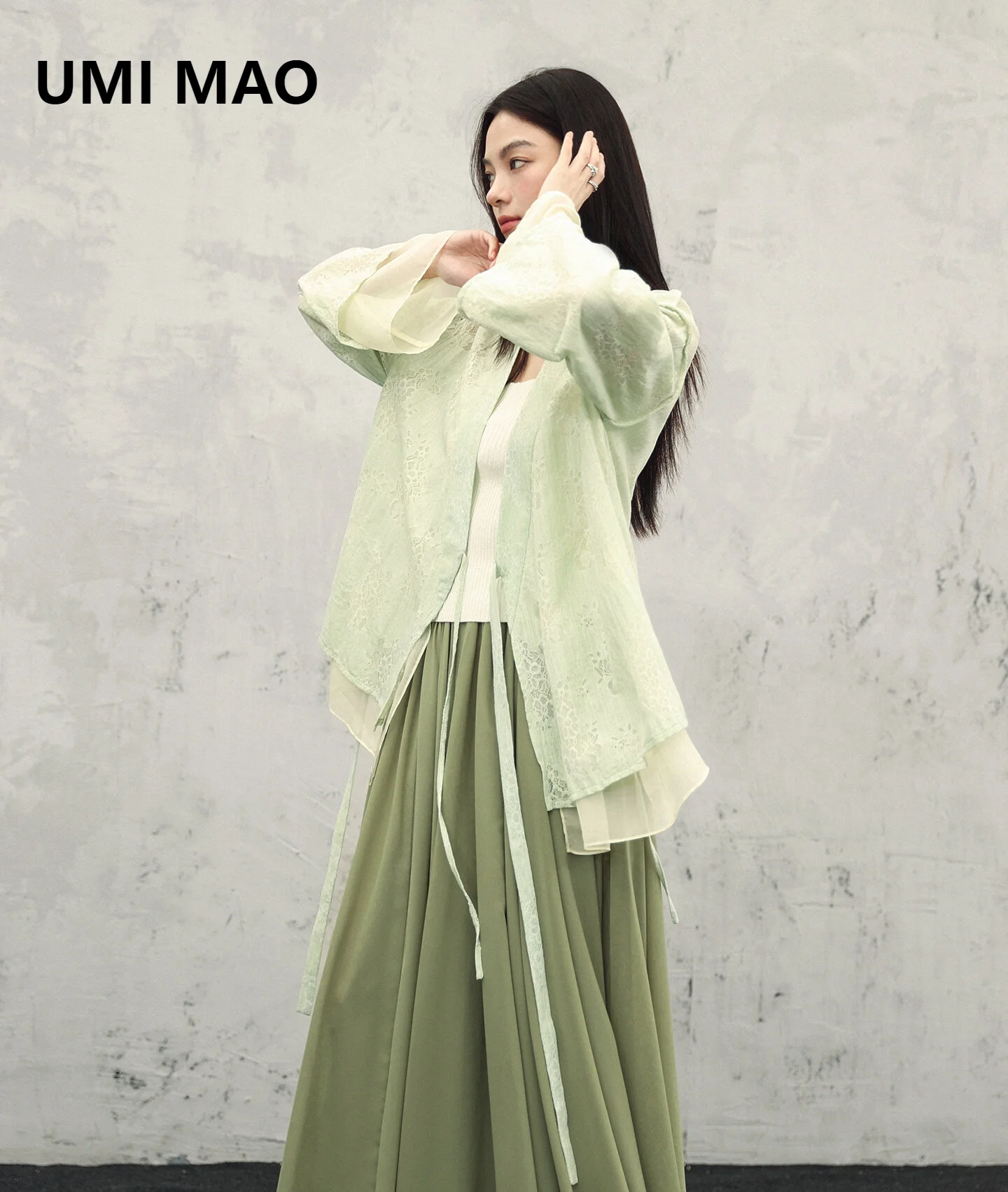 UMI MAO Light Green Crocheted Lace Cardigan For Women Summer New Chinese Style Double-layer Loose Cross-collar Jacket