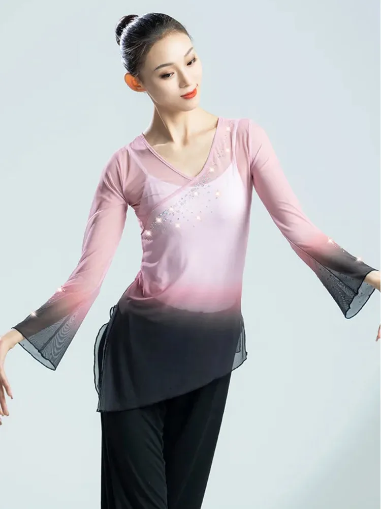 긴 소매 현대 댄스 탑 착용 할로윈 의상 라틴 여성 메쉬 라인 라인스톤 발레 볼룸 셔츠 재즈 그라데이션 성인