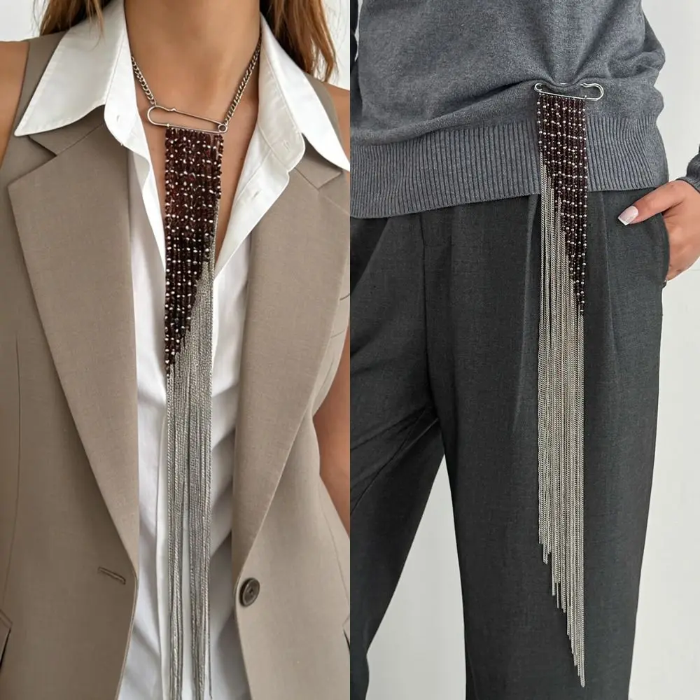 Alloy Tassel Chain Brooch Exaggerated Water Droplet Fringe Clothing Tie Pin Jewelry Accessories Silver Color Bead Fixed Ornament