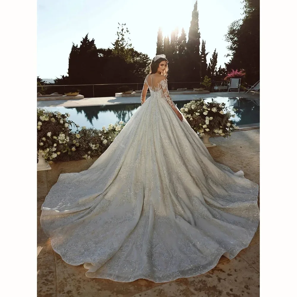 

Luxury Sweetheart Wedding Dress Ball Gown Beaded Lace Applique Bridal Gown Full Sleeves Custonized Women Vestido de novia