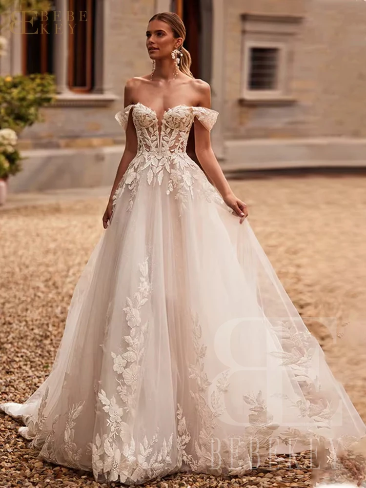 BEBEKEY Tule Uit de Schouder Trouwjurk Applicaties A-lijn Bruid Jurk Aangepaste Formele Party Gown Robe vestidos de novia