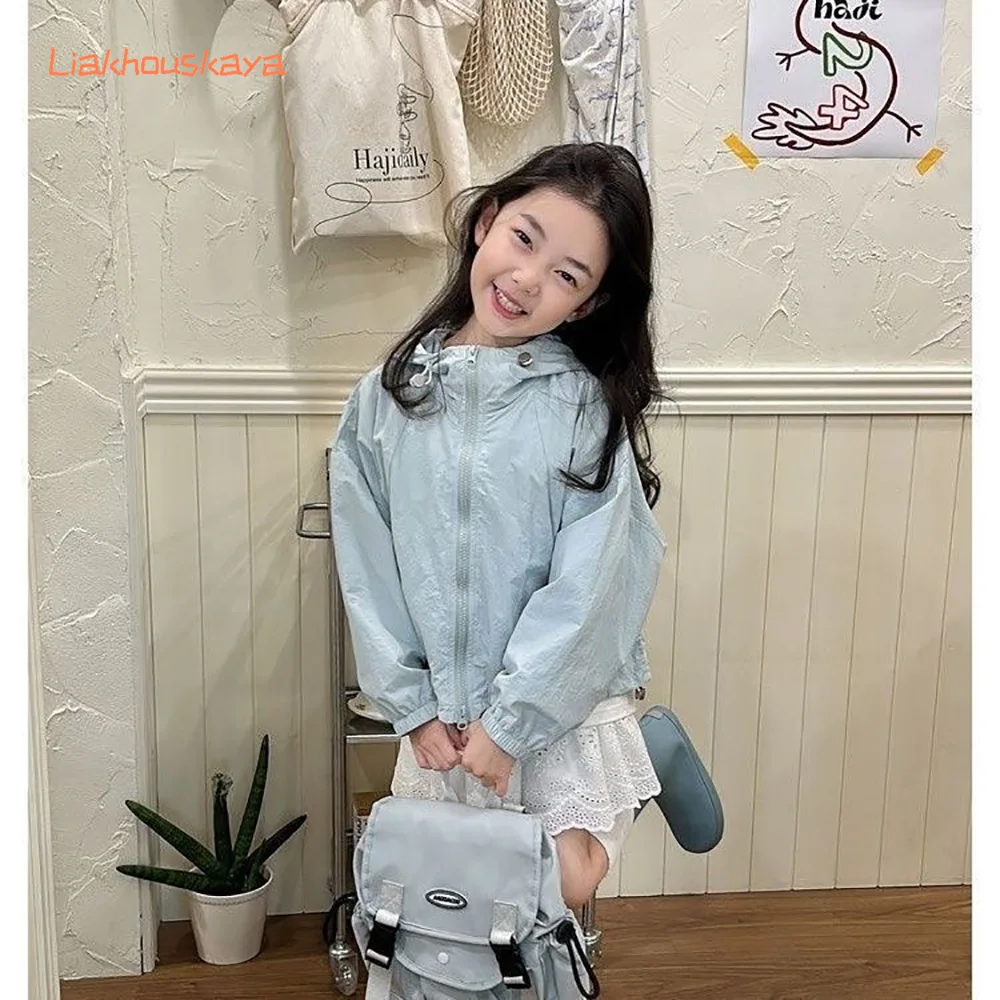 2026 Summer New Girls Trench Coat 2-7Y Hooded Sunscreen Jacket Kids Casual Windbreaker UPF50+ Outdoor Sport Thin Outerwear 5