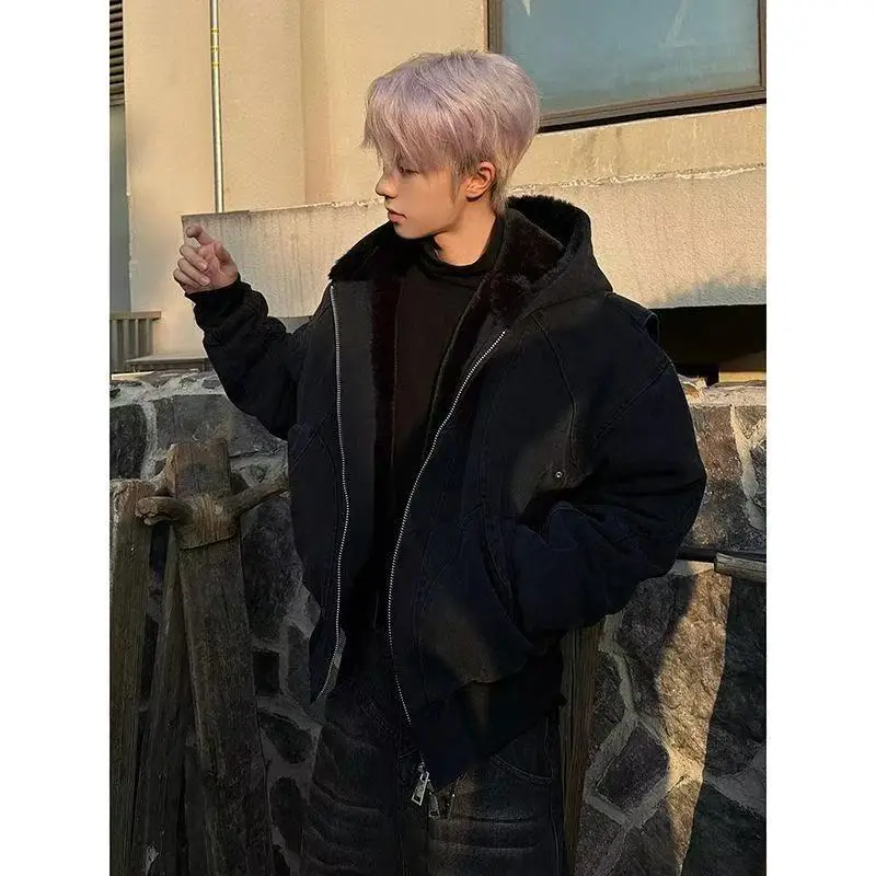 Trendy brand autumn and winter short thickened warm canvas washed cotton jacket loose casual hoodie same style for men and women