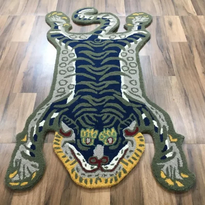 VIKAMA Tibetan Tiger Skin Area Rug Vintage Oriental Wildlife Dark Blue Green Carpet Living Room Bedroom Decor Non Slip Washable