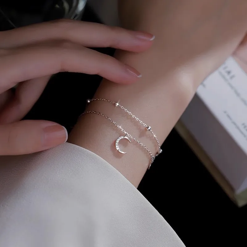 925 Sterling Silver Double Layer Star Moon Ball Bracelet Sparkling Zircon Bracelet Cute Fashion Wedding Jewelry Birthday Gift