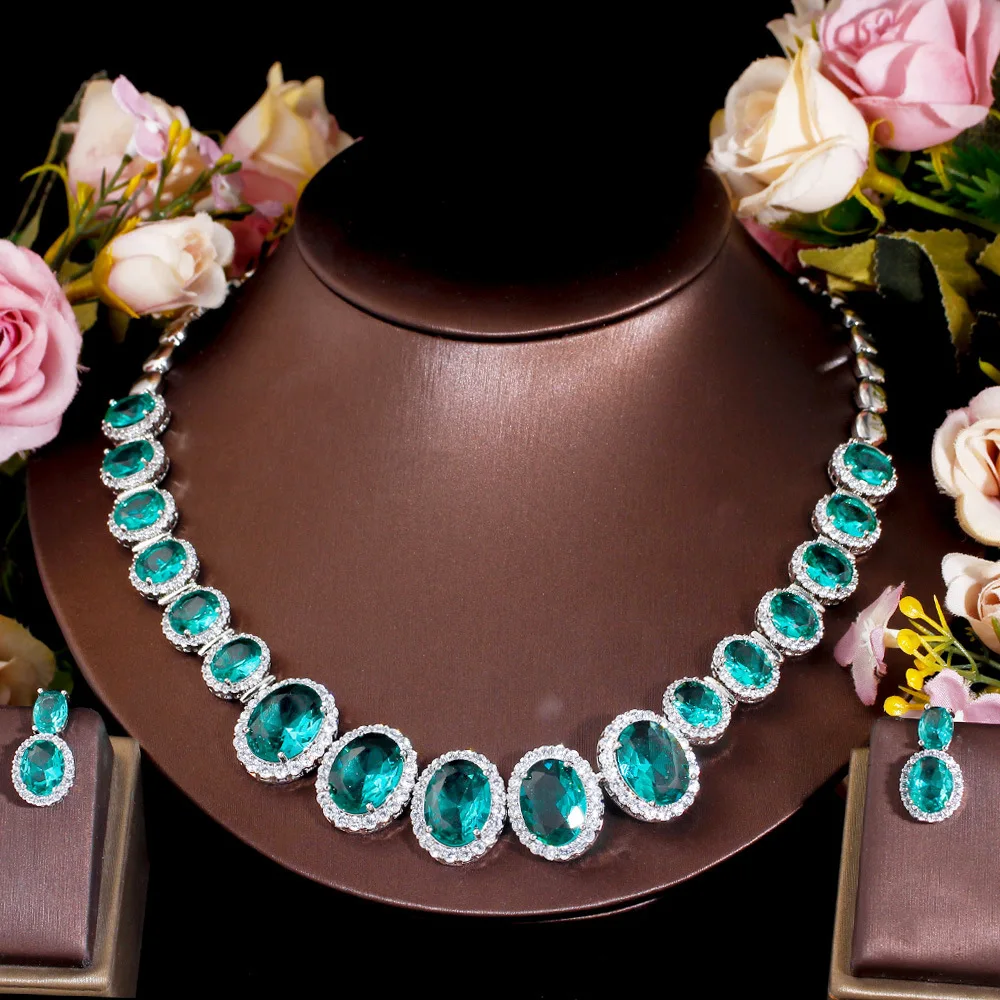 

Luxurious Aquamarine Zircon Necklace Earring Bridal Wedding Accessories Set Dress Banquet Jewelry High-Quality New