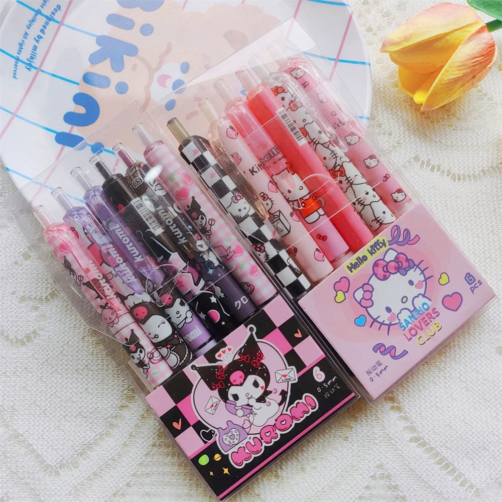 6Pcs/Set kawaii Cartoon Kuromi 0.5mm Gel Pens Set Hello Kitty Children Writing Pen Student School Office Stationery Supplies