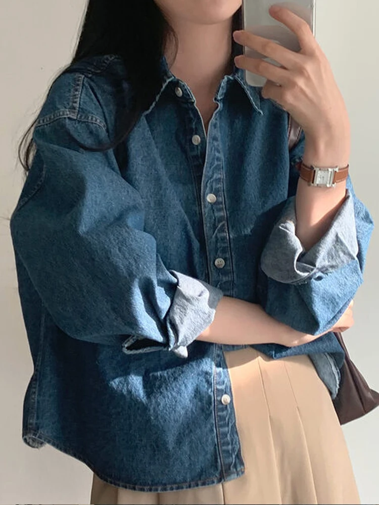 Demin shirt Women Korean Series Early Spring Wear French sle Retro Lapel Shirt Outerwear Loose Design Casual Shirt