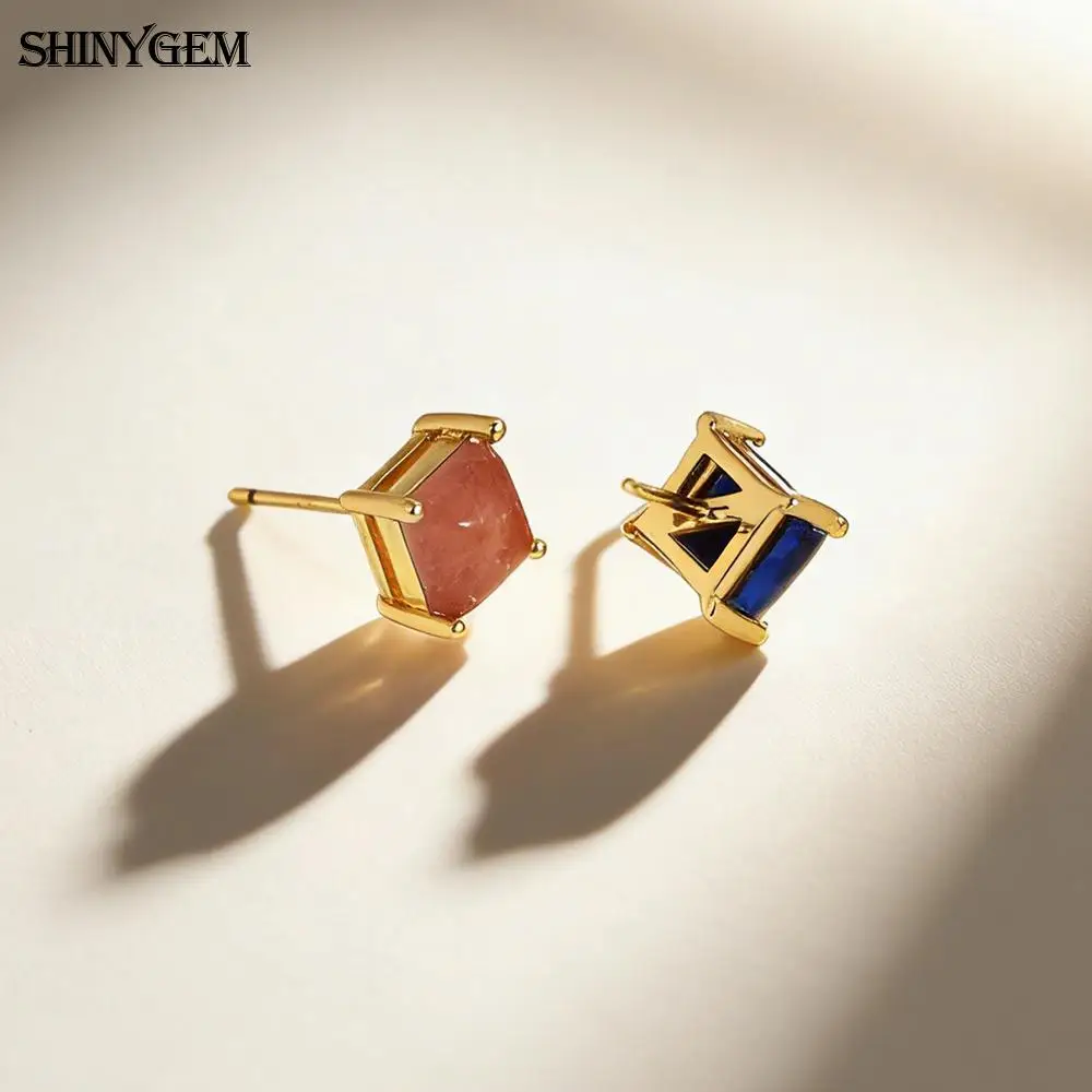 SHINYGEM 6mm Square Crystal 925 Sterling Silver Needle Stud Earrings for Women Nature Stone Blue-Topaz Aquamarine Ear Jewelry