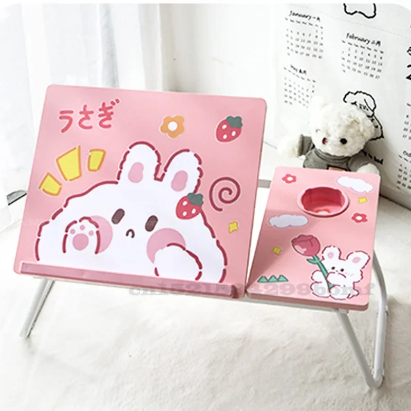 

Multifunctional Bed Desk, Pink Cartoon Portable Laptop Stand, Folding Dormitory Table - Convenient for Study and Leisure