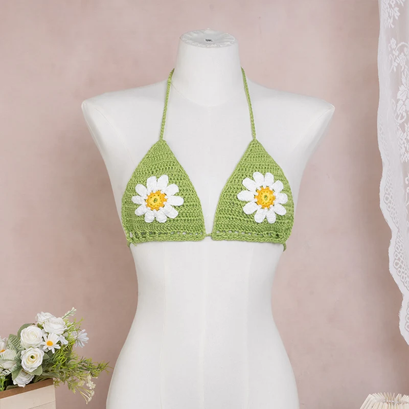 

Summer Women's Fashion Beach Pure Hand-woven Hollow Cover up Small Daisy Decorated Beach Vacation Bikini Top