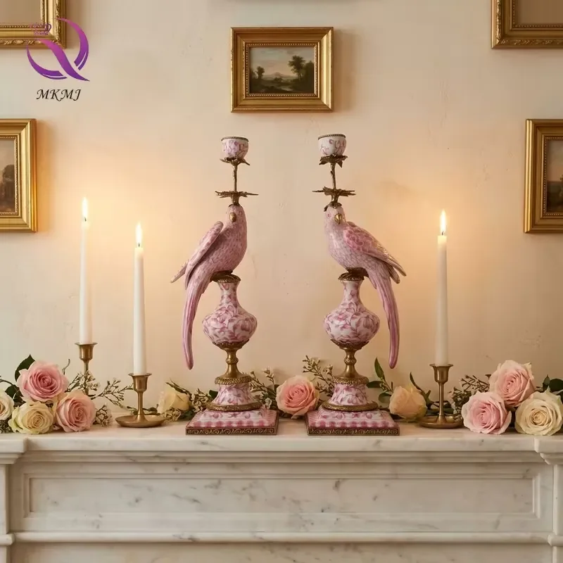 Chinese Porcelain Blue and White Candlesticks with Parrot Brass pink Candle Holder European Home Decoration Accessories