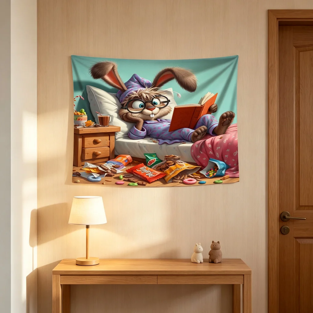 1PC Rabbit Reading Print Backdrop Banner, Bedroom Living Room Photo Background, Polyester Wall Hanging, Home Decor, Wall Art