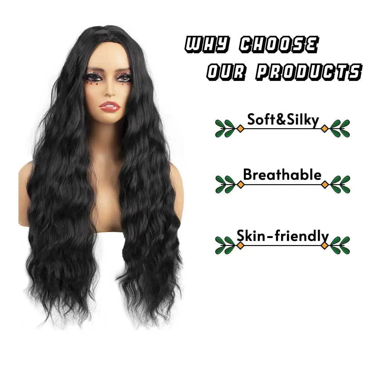 Body Wave Synthetic Hair Wigs For Women Long Black Color Middle Part Full Head Covers Chemical Fiber Simulated Hair 26 Inch