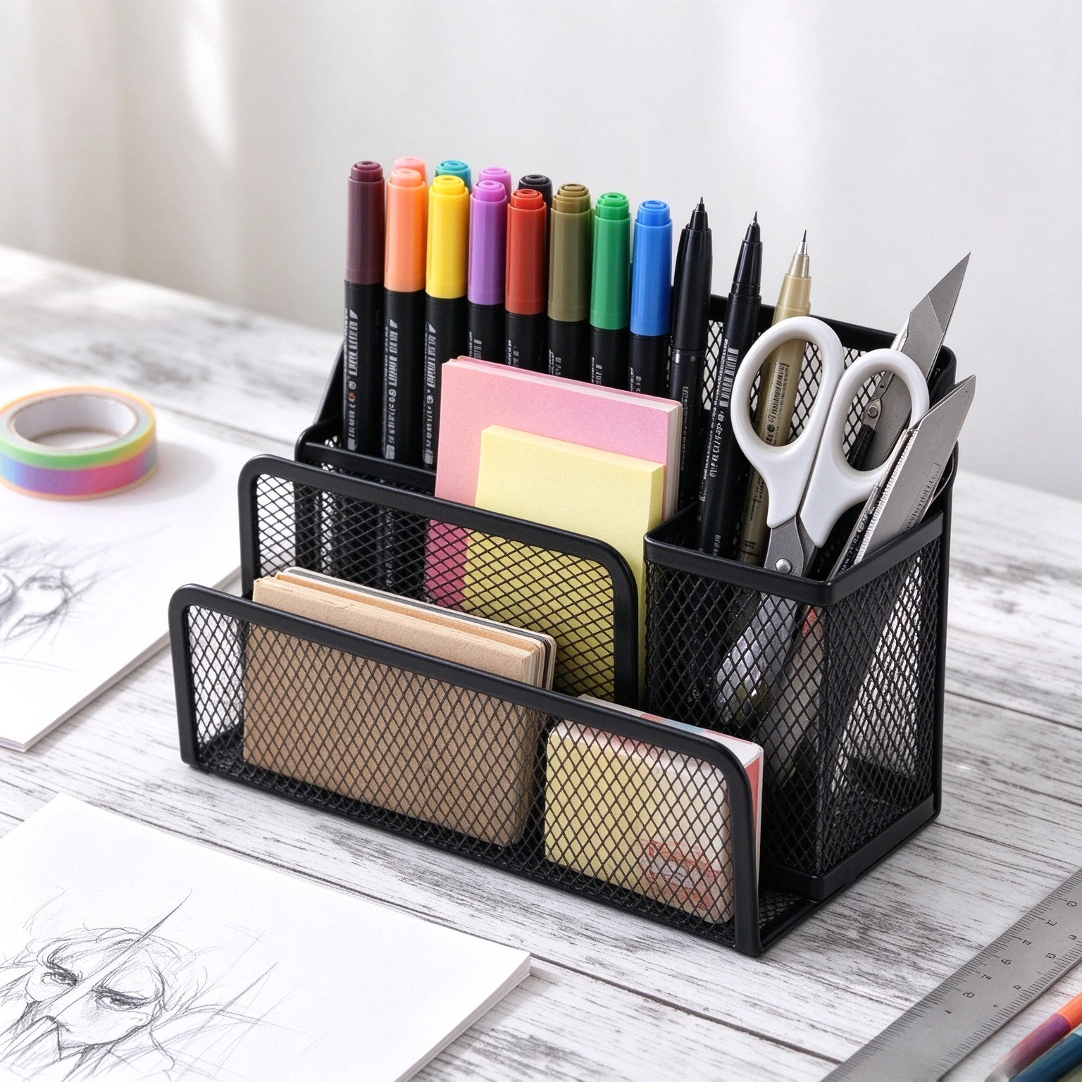 Three-layer Office Supplies Storage Rack Multifunctional Metal Mesh Desk Organizer with Pen Holder Save Space Notebook Stand