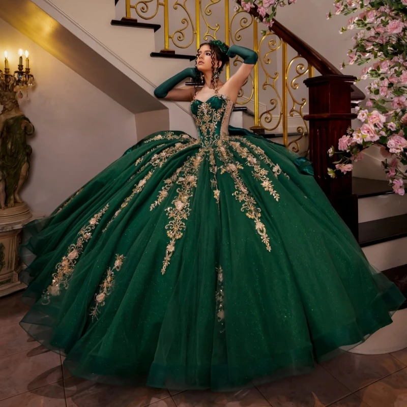 Dark Green Glitter Quinceanera Dresses Off Shoulder Ball Gown Sweet 16 Dress Gold Applique Flower Beads Bow Tull Party Birthday