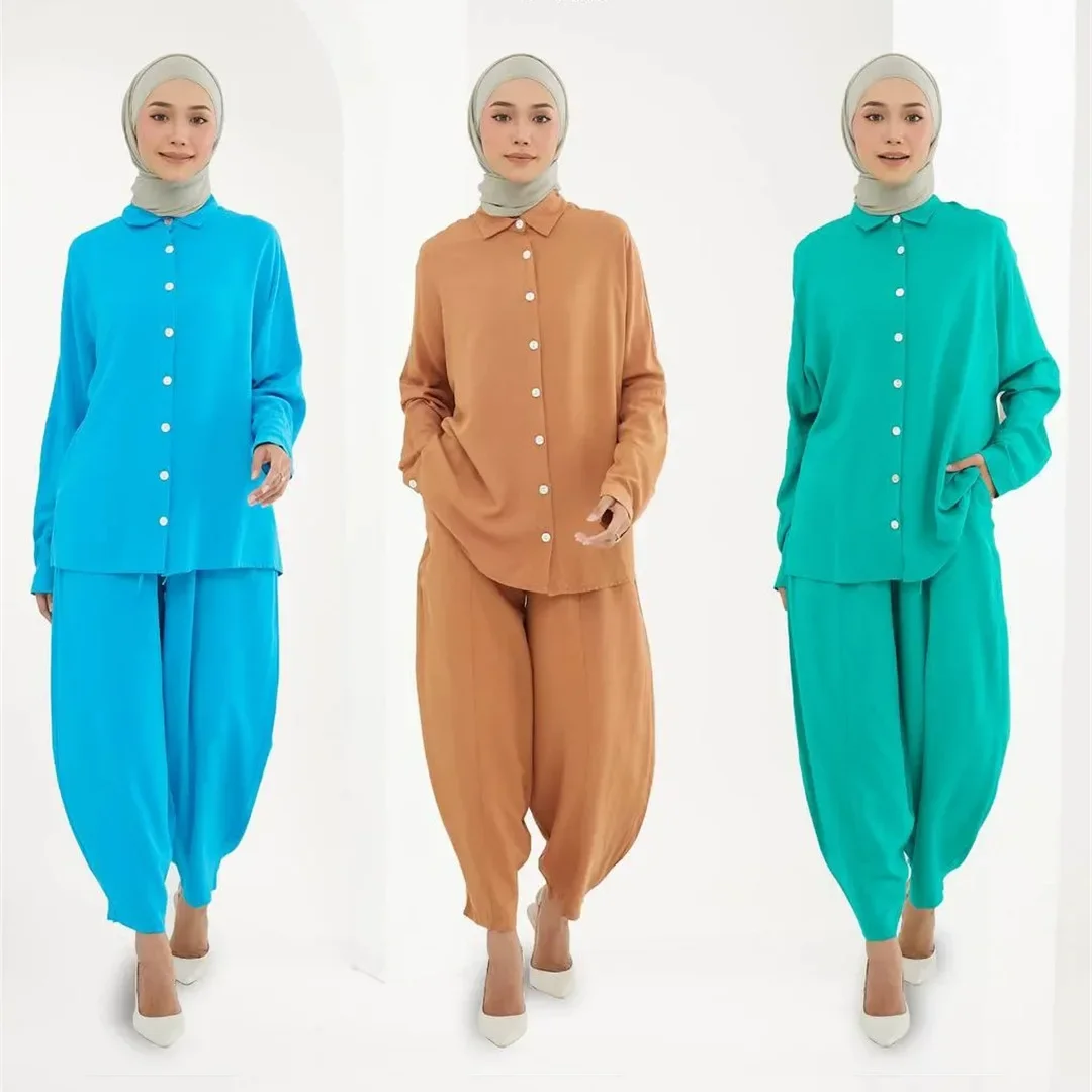 Indonesian Fashion Harun Pants Muslim Sets Fashion Batwing Sleeve Single-breasted Tops+Loose Casual Pants 2pcs Autumn Pant Sets