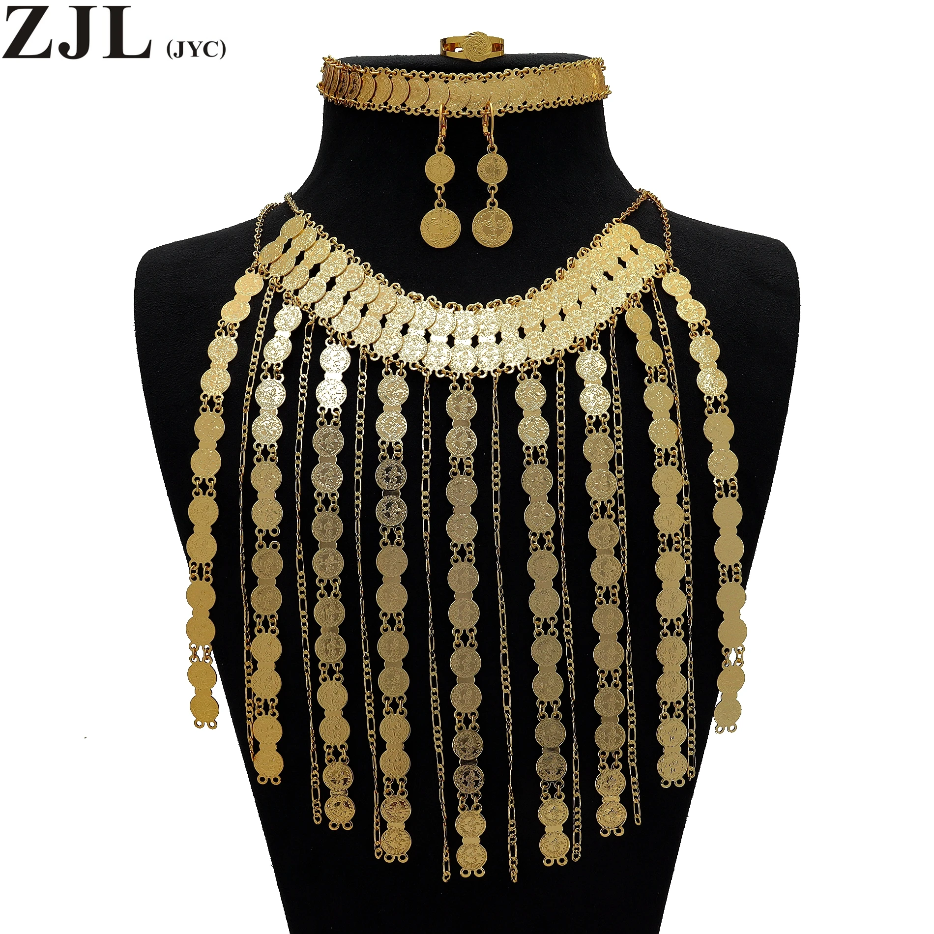 

5Pcs Earrings Bracelet Necklace Ring 18k Gold Plated Double-Deck Coin Jewelry Set For Female Evening Party Decor