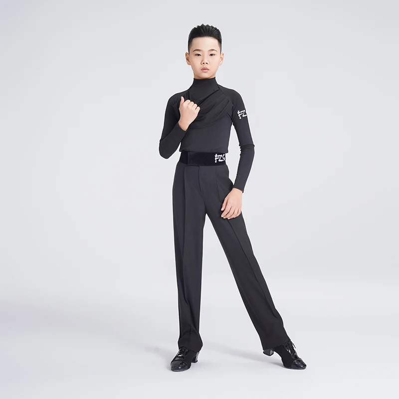 영국 라틴 댄스 드레스 남성용 블랙 하이넥 긴팔 탑 디자인 에디션 공연 훈련복