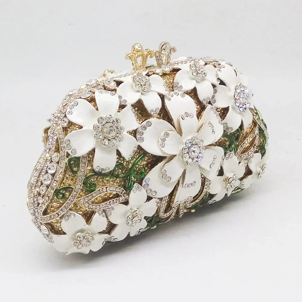 Boutique De FGG (in stock) Super Mini Women Flower Evening Minaudiere Bags Bridal White Crystal Clutch Handbags Wedding Purse