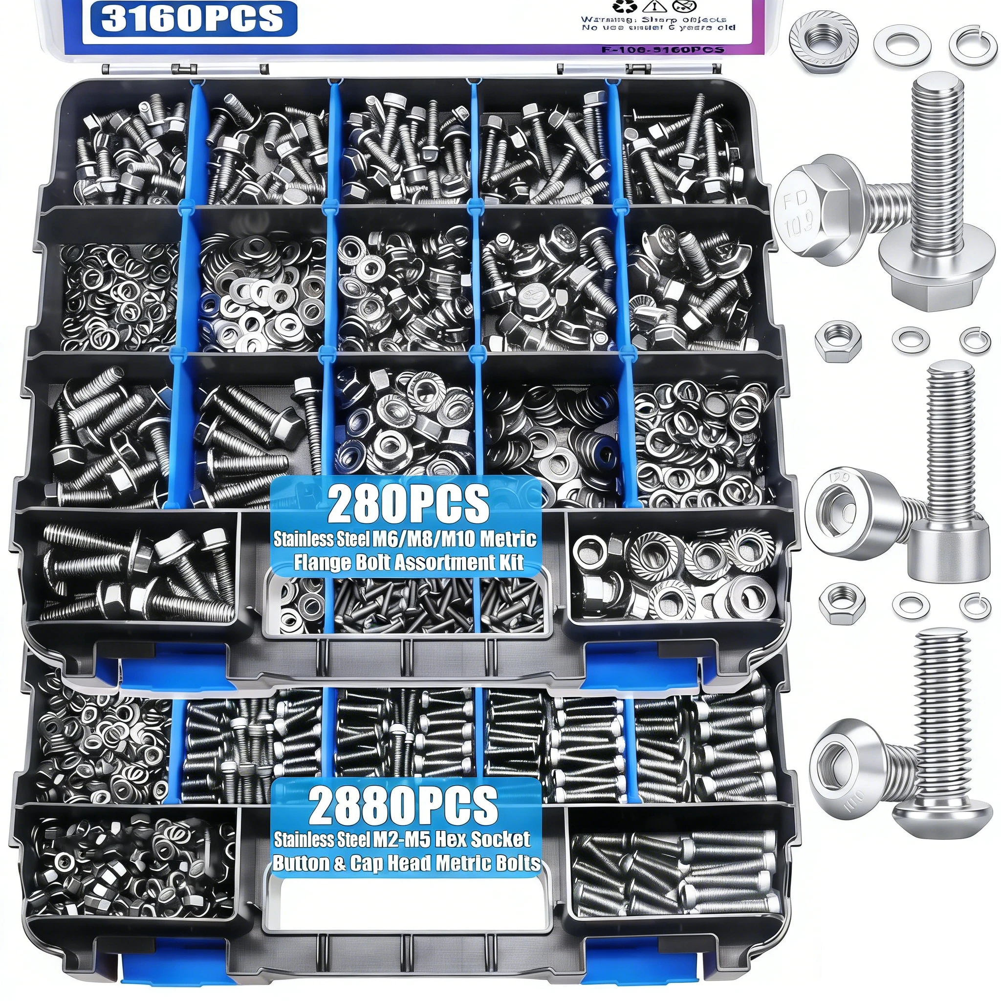 3160PCS Stainless Steel Metric Bolt Nut Assortment Kit, M2 M3 M4 M5 M6 M8 M10, 42 Sizes,Hex Socket Button & Cap Head Scre