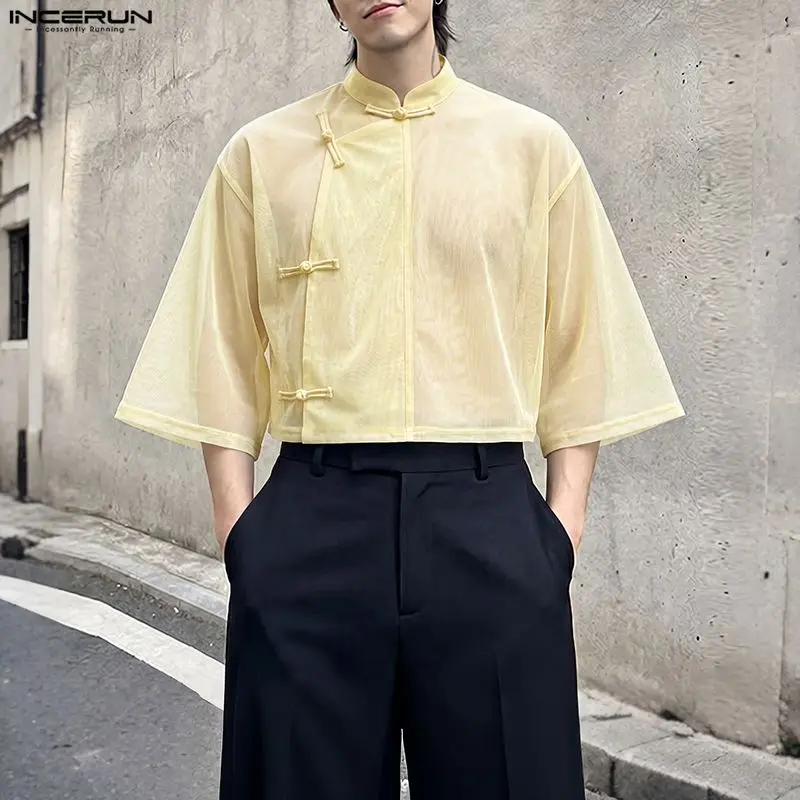 INCERUN Men's Shirt Mesh See Through Solid Stand Collar 3/4 Sleeve Men Clothes Sexy Personality Streetwear Casual Tops Camisas