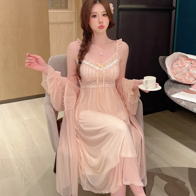 Twinset Robe Set Women Lace Nightgown Sleepwear Lingerie Spring Summer Kimono Bathrobe Gown Suit Mesh Rayon Home Wear Clothing