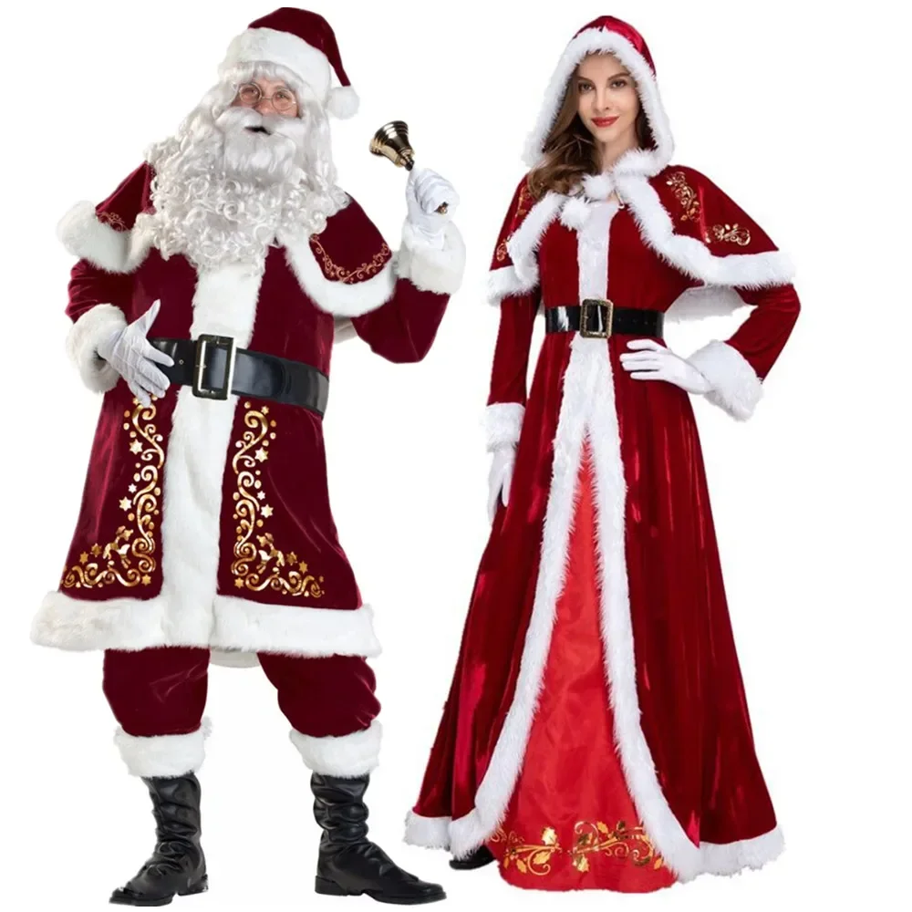 Plus Size Deluxe Fluwelen Volwassenen Kerstkostuum Cosplay Paar Kerstman Kleding Fancy Dress Kerst Uniform Pak Voor Mannen Vrouwen