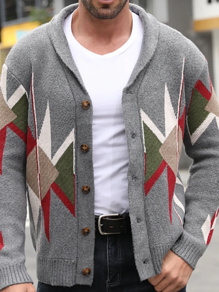 

Autumn Winter Hot Menswear Cardigan Coats Loose Casual Long Sleeve Knit Sweatercoat Men V Neck Button Outerwear Gray Print Tops
