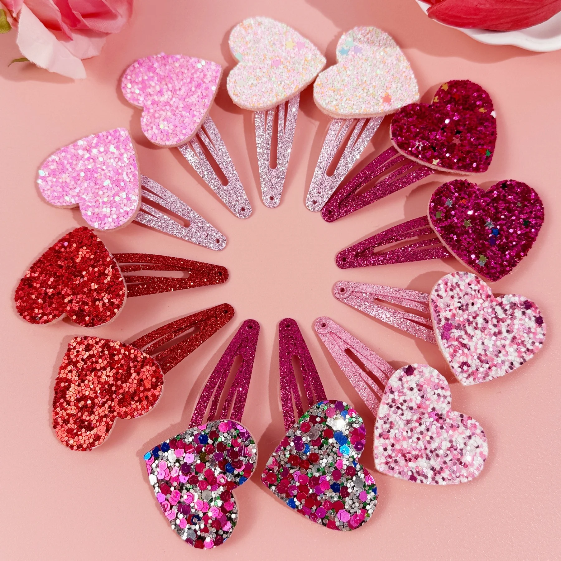 12 Stück glitzernde Herz-Haarspangen für Mädchen, Valentinstag-Haarspangen, Haarspangen, Clips, Valentinstag-Haarnadeln, Haar-Accessoires