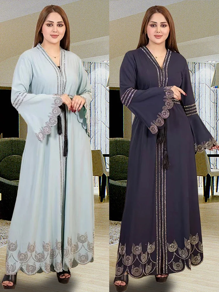 Eid Muslim Party Dress for Women Diamond Flare Sleeve Ramadan Abaya Belt Morocco Kaftan Vestidos Largos Dubai Robe Jalabiya 2024