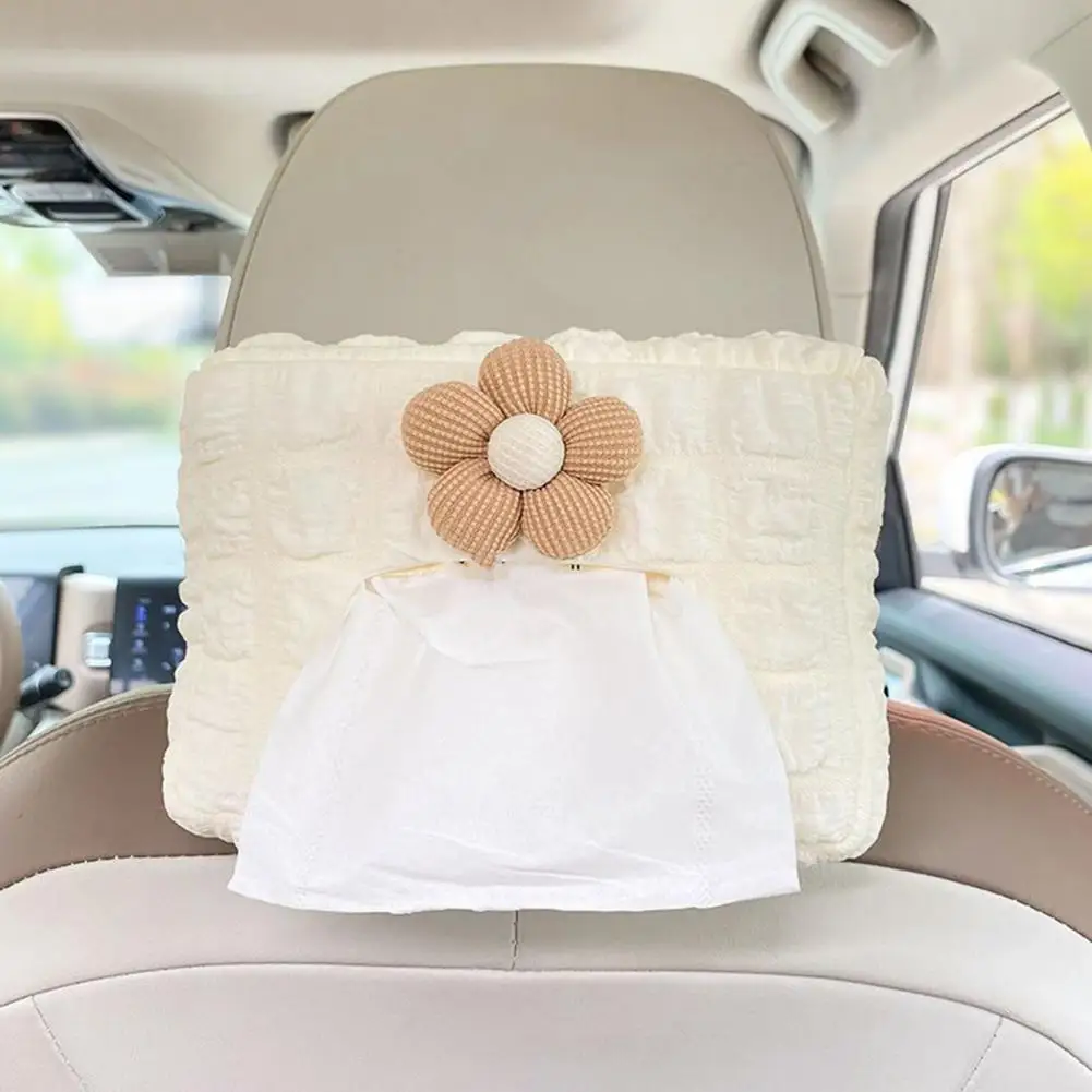 Safe Design Car Tissue Holder Plaid Texture Car Tissue Box Flower Decor Adjustable Straps Sun Visor Seat Hanging Auto Storage